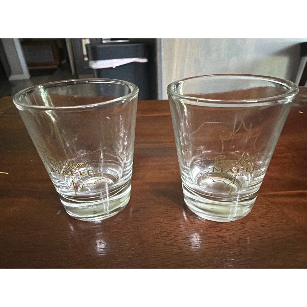 Crown Royal Maple Finished Shot Glass Set of 2 Gold Logo Clear Barware Whiskey